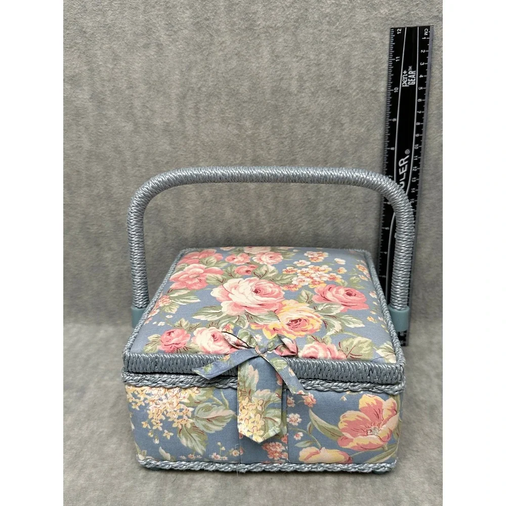 Vintage Floral Sewing‎ Basket Blue Pink Rose Craft Organizer with Tray Handle